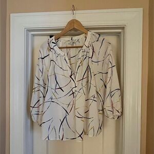 Joie Cream V-Neck Blouse with Multicolor Brushstroke Print
